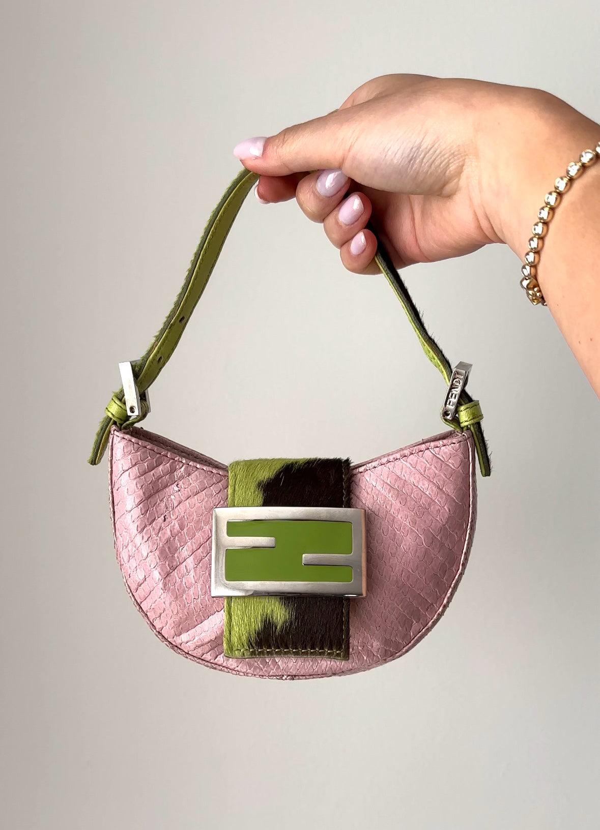 SUPER RARE Fendi Croissant Pink Snakeskin and Green Ponyhair Bag