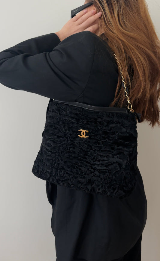 SUPER RARE Chanel Persian Lamb Black Fur Leather Shoulder Bag