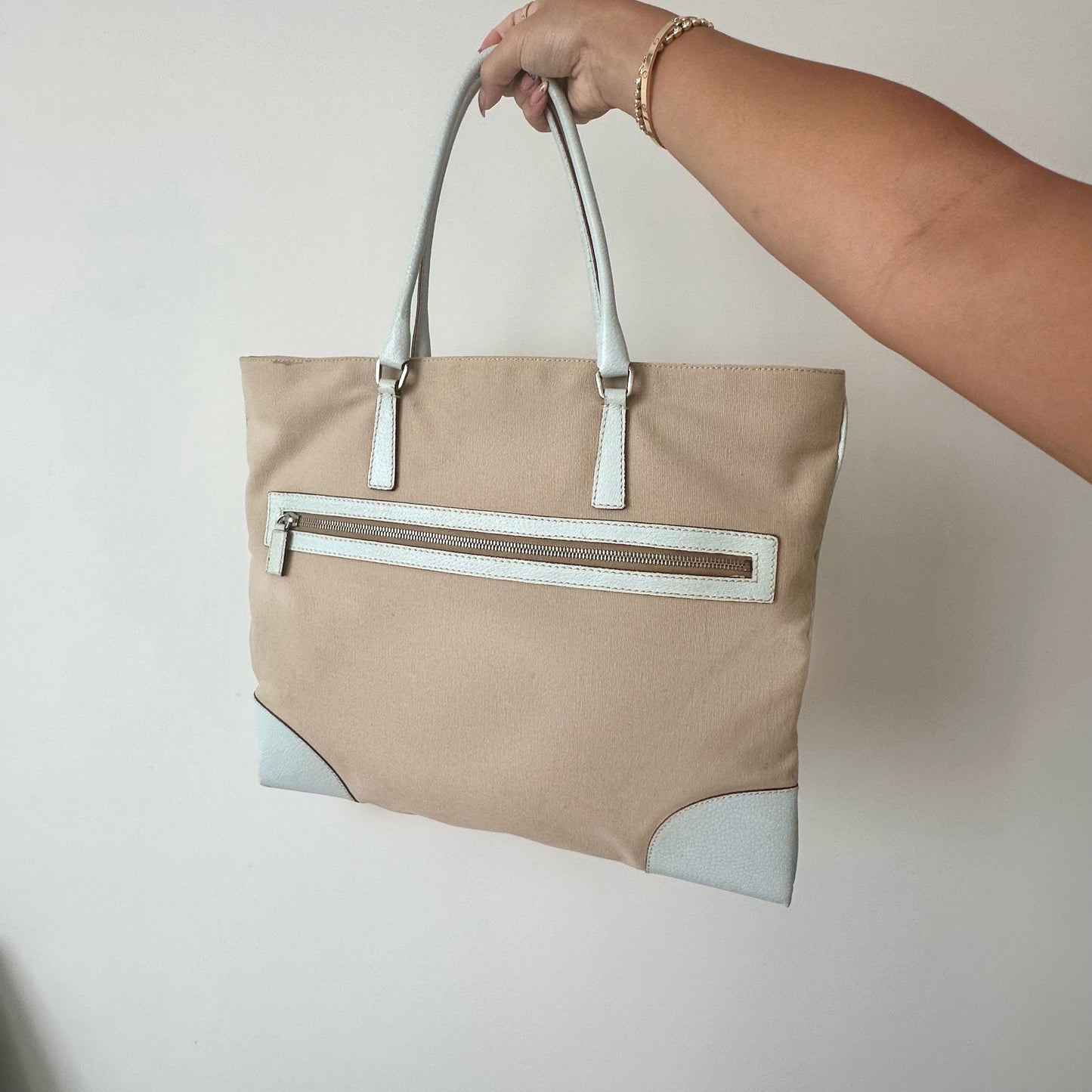 Prada Baby Blue & Beige Tote Shoulder Bag w/ Papers