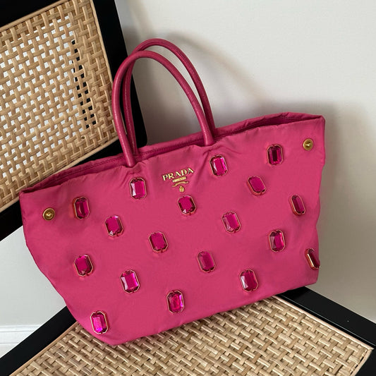 Prada Pink Bejewled Rhinestone Small Collapsible Tote Bag