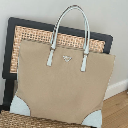 Prada Baby Blue & Beige Tote Shoulder Bag w/ Papers