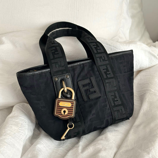 Fendi Black Monogram Mini Tote Bag w/ Lock and Key