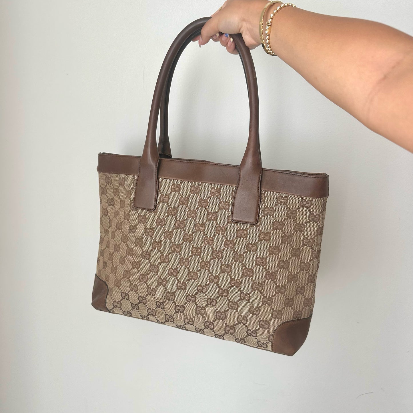 Gucci Brown Monogram Canvas Leather Tote Bag