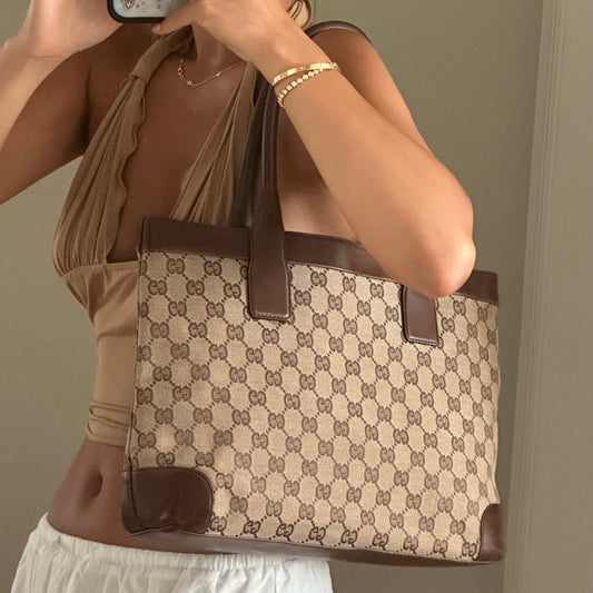 Gucci Brown Monogram Canvas Leather Tote Bag