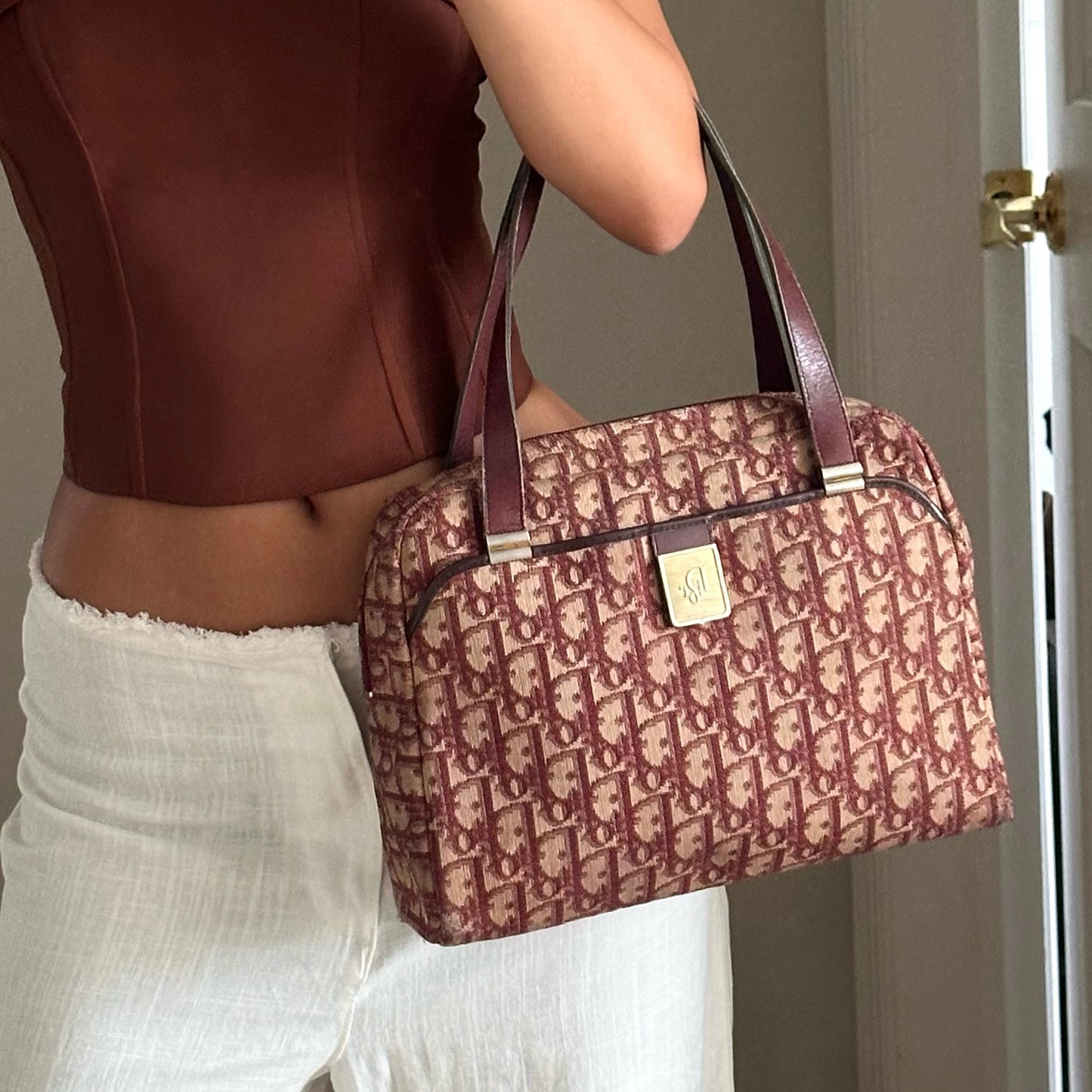 Christian Dior Burgundy Monogram Trotter Boston Bag