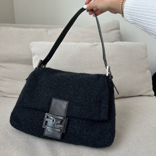 Fendi Mamma Wool Grey and Black Shoulder Bag