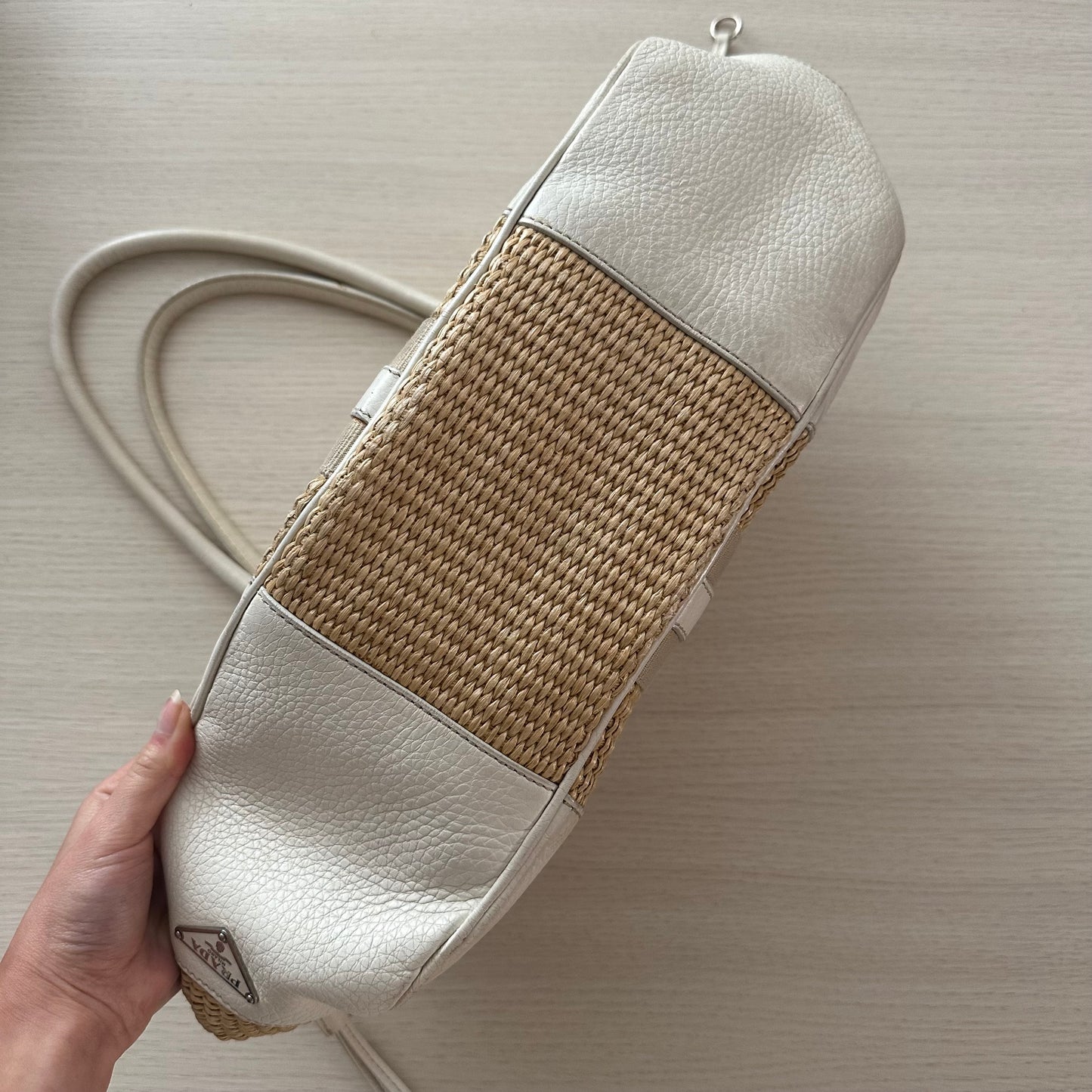 Prada White Raffia Shoulder Bag w/ Papers