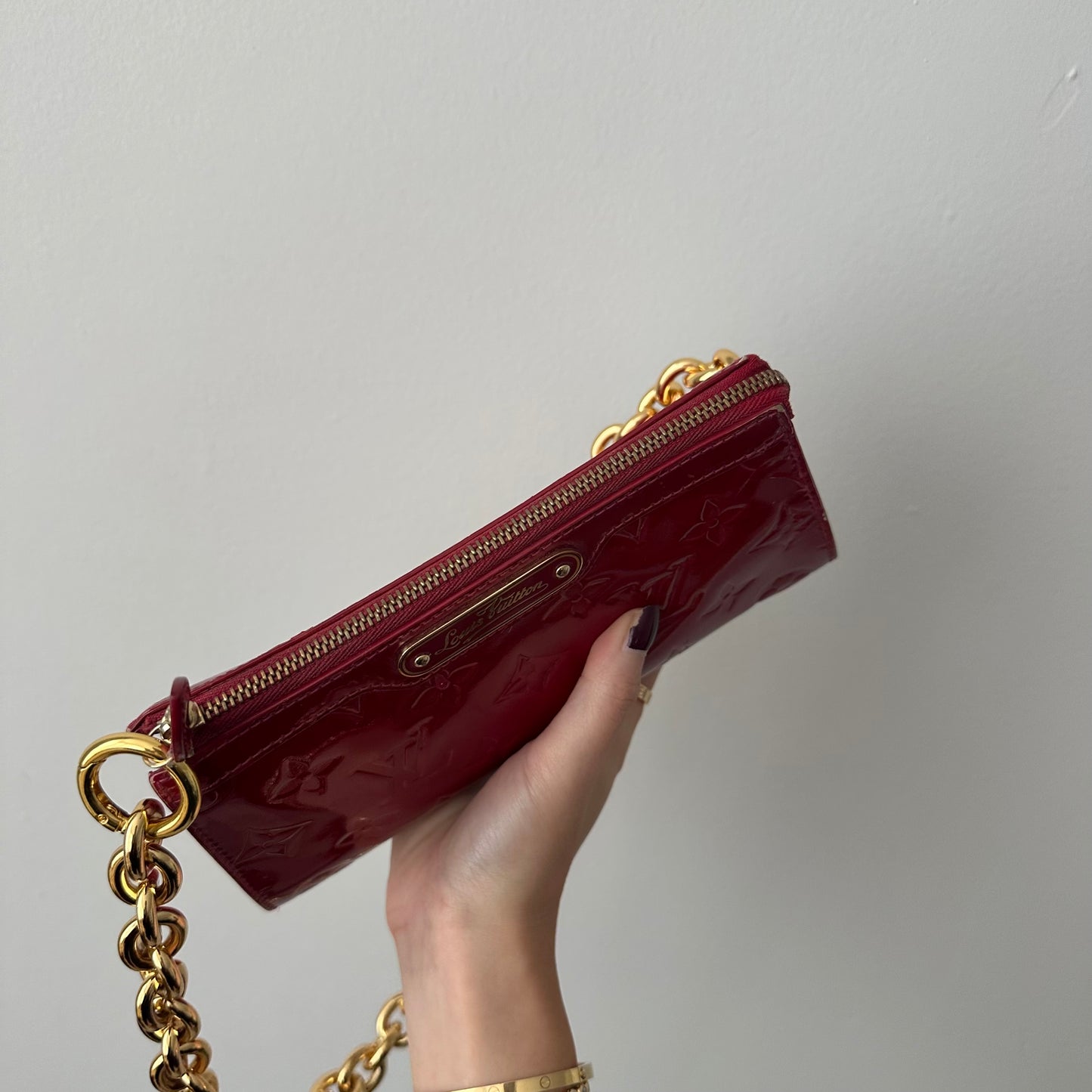 Louis Vuitton Red Vernis Gold Chain Pochette Shoulder Bag