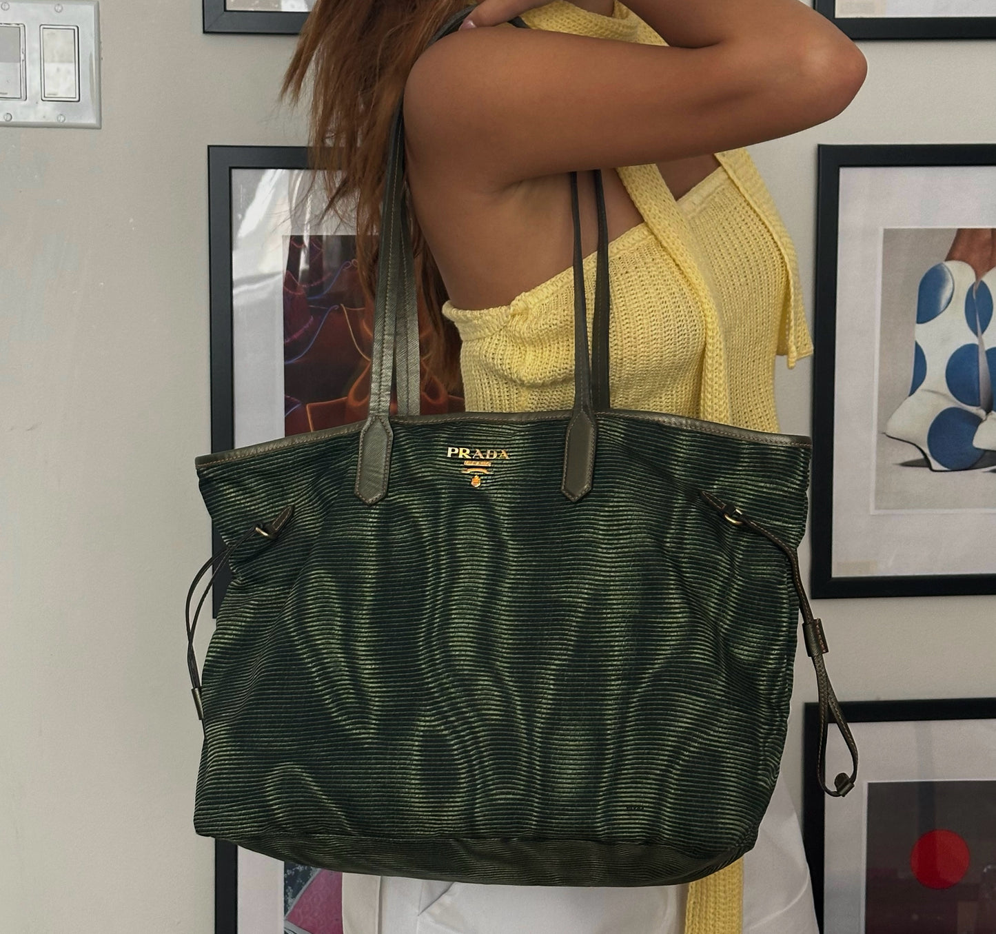 RARE Prada Green Ripple Pattern Shoulder Tote Bag