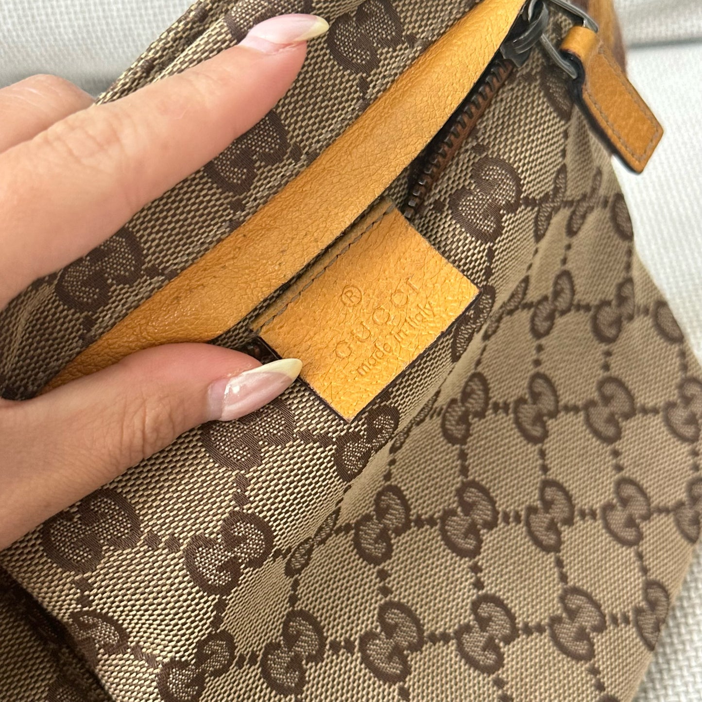 Gucci Brown Double Pocket Monogram Belt Bag