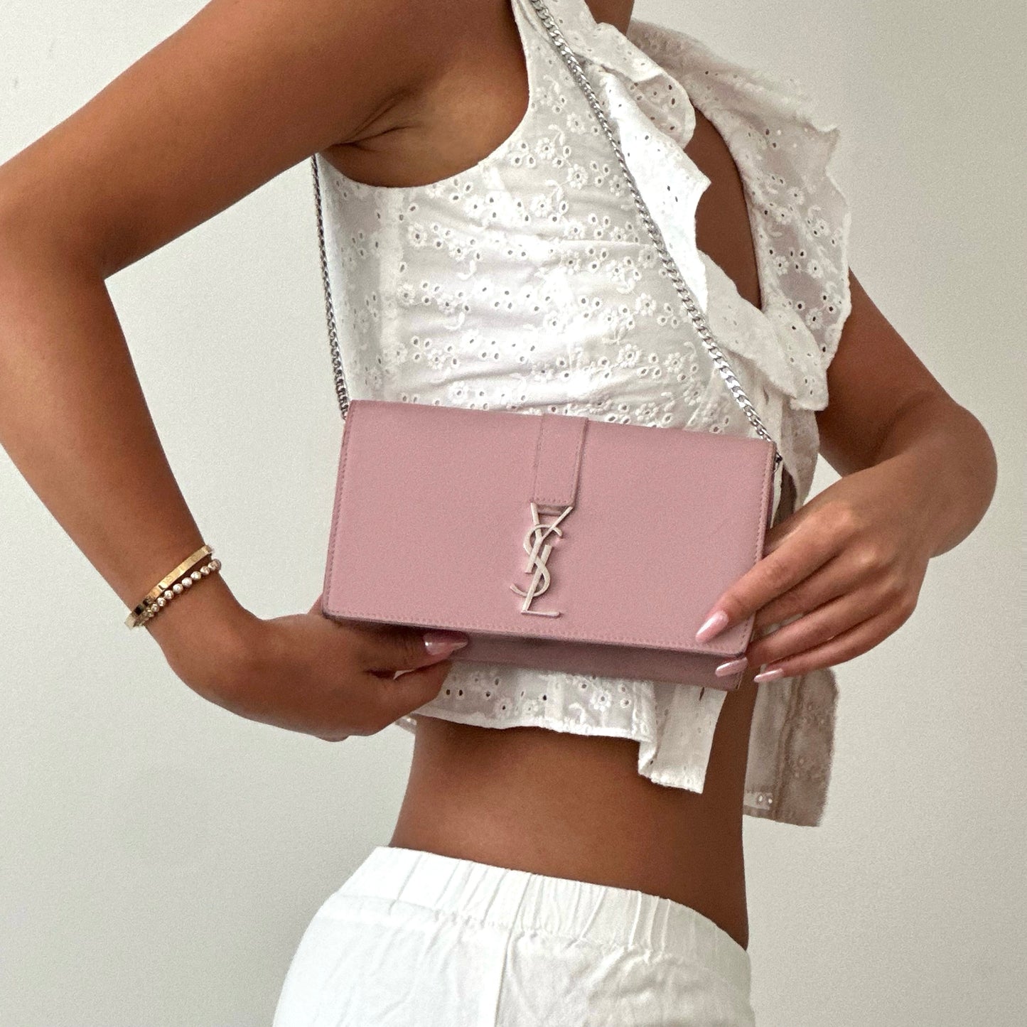 YSL Pink Leather Kate Wallet On Chain