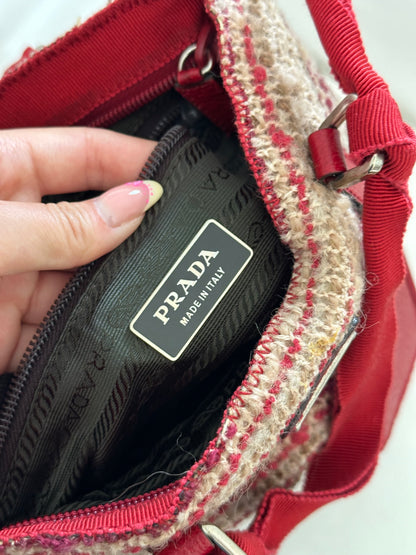 RARE Prada Tweed Red Leather Small Tote Bag