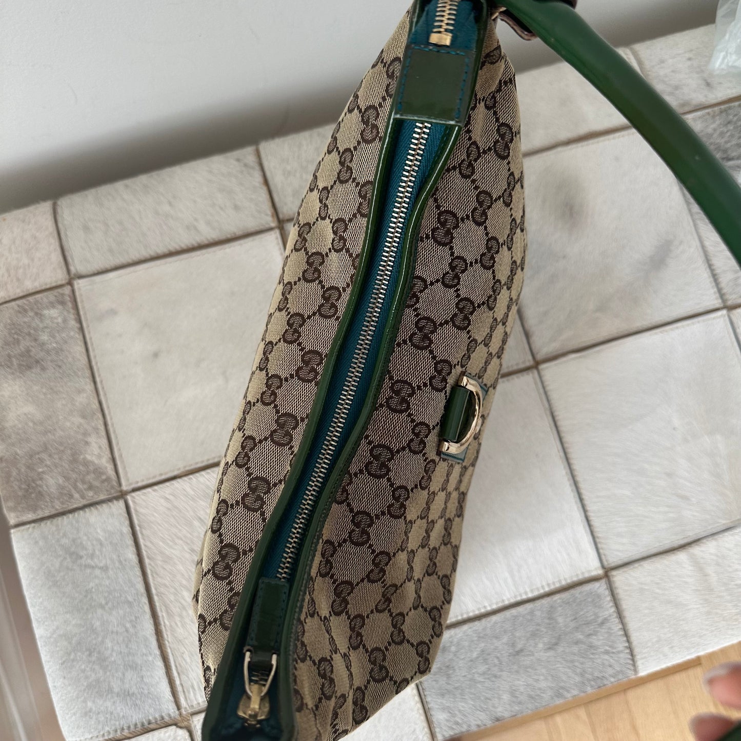 Gucci Green Patent Leather Brown Monogram Shoulder Bag