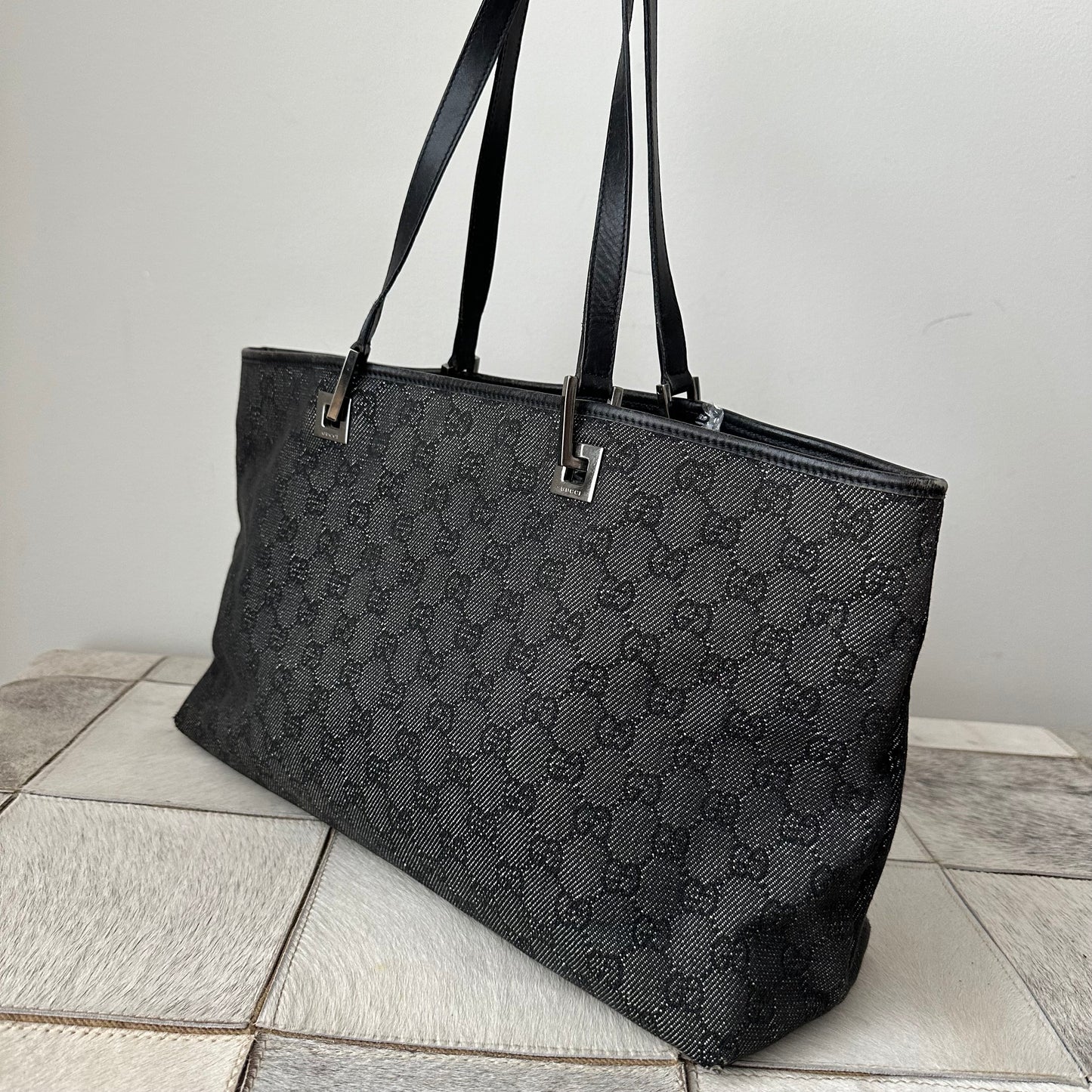 Gucci Black Monogram Shoulder Tote Bag