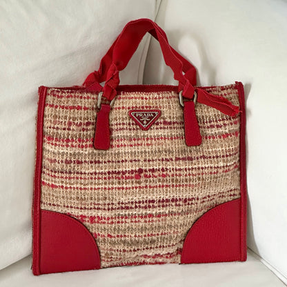 RARE Prada Tweed Red Leather Small Tote Bag