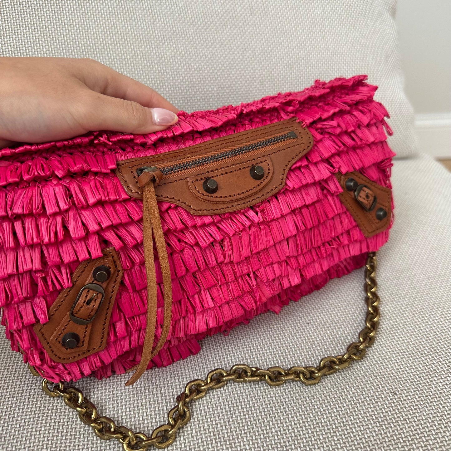 SUPER RARE Balenciaga Pink Raffia Pochette w/ Mirror Shoulder Bag