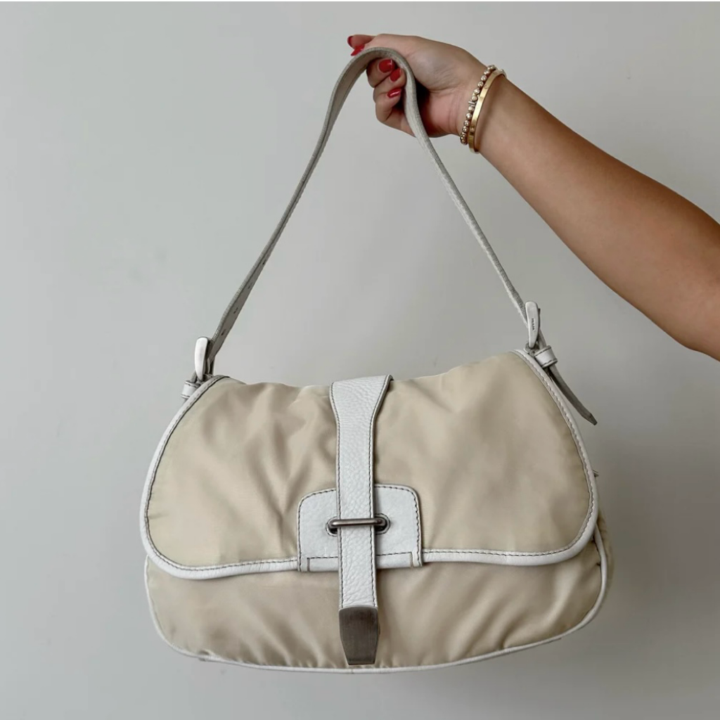 Prada Cream White Leather Buckle Shoulder Bag