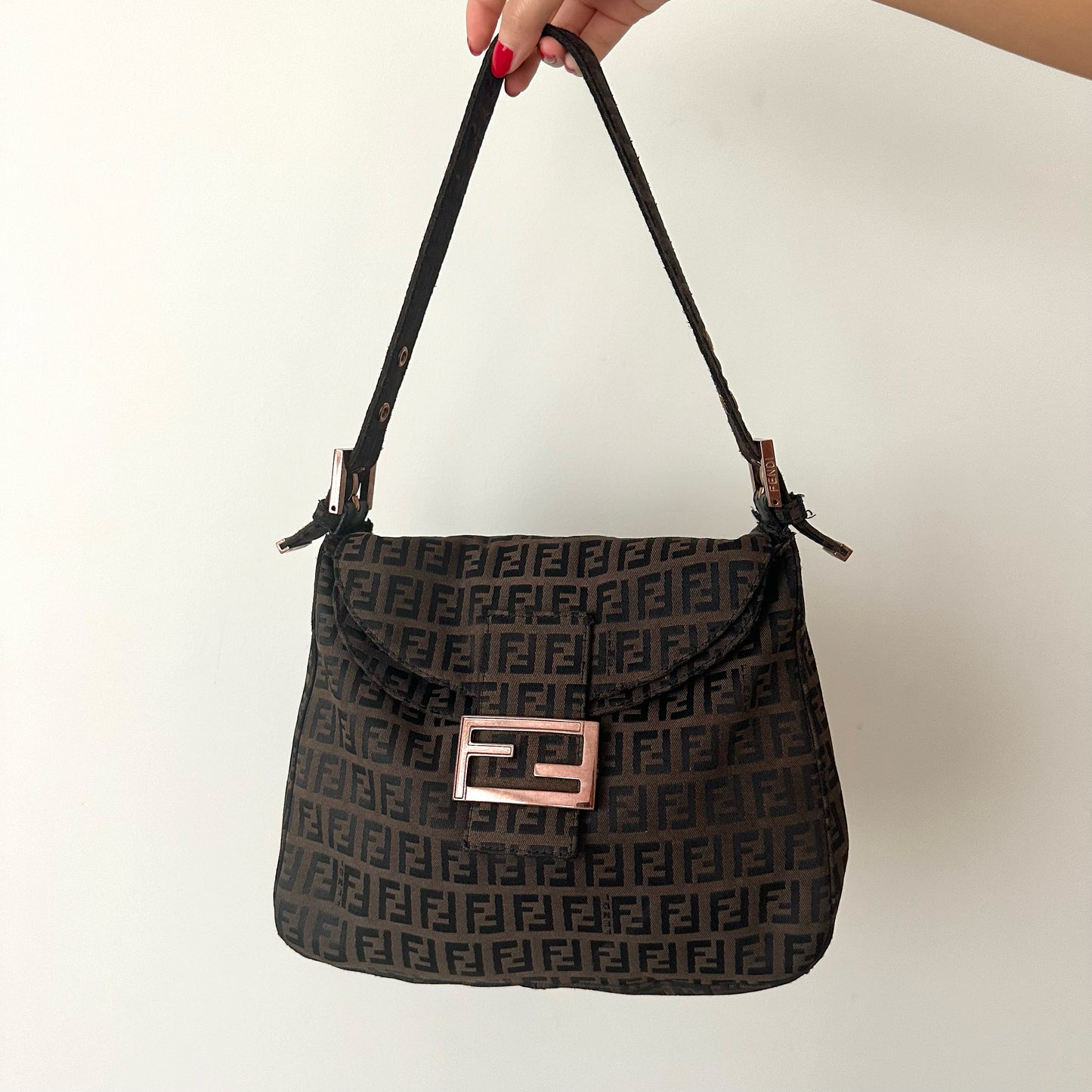 Fendi Brown Zucchino Rose Gold Mamma Baguette