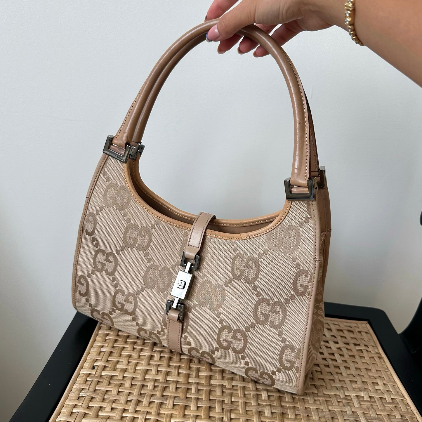 Gucci Vintage Jackie Bardot Hobo Beige Monogram