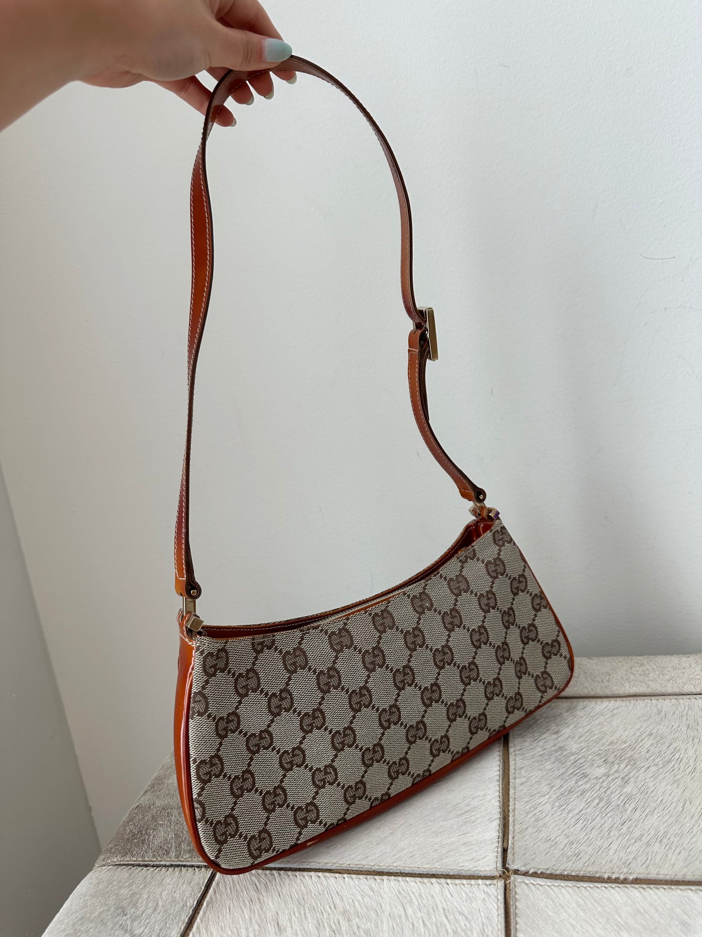 Gucci Brown Monogram Orange Patent Leather Shoulder Bag