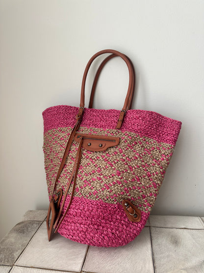 Balenciaga Pink and Beige Raffia Bag
