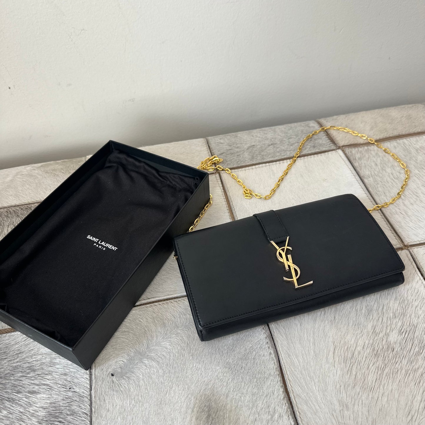 YSL Black Leather Kate Wallet On Chain w/ Box & Papers