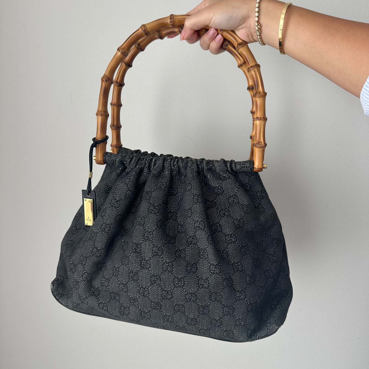 Gucci Bamboo Handle Black Monogram Shoulder Bag