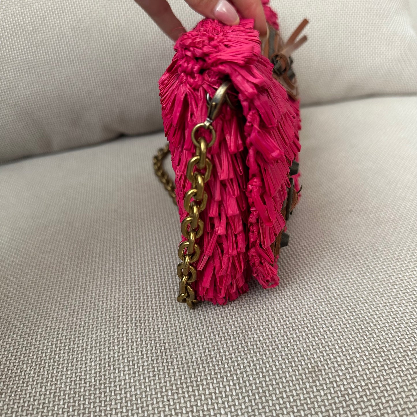 SUPER RARE Balenciaga Pink Raffia Pochette w/ Mirror Shoulder Bag