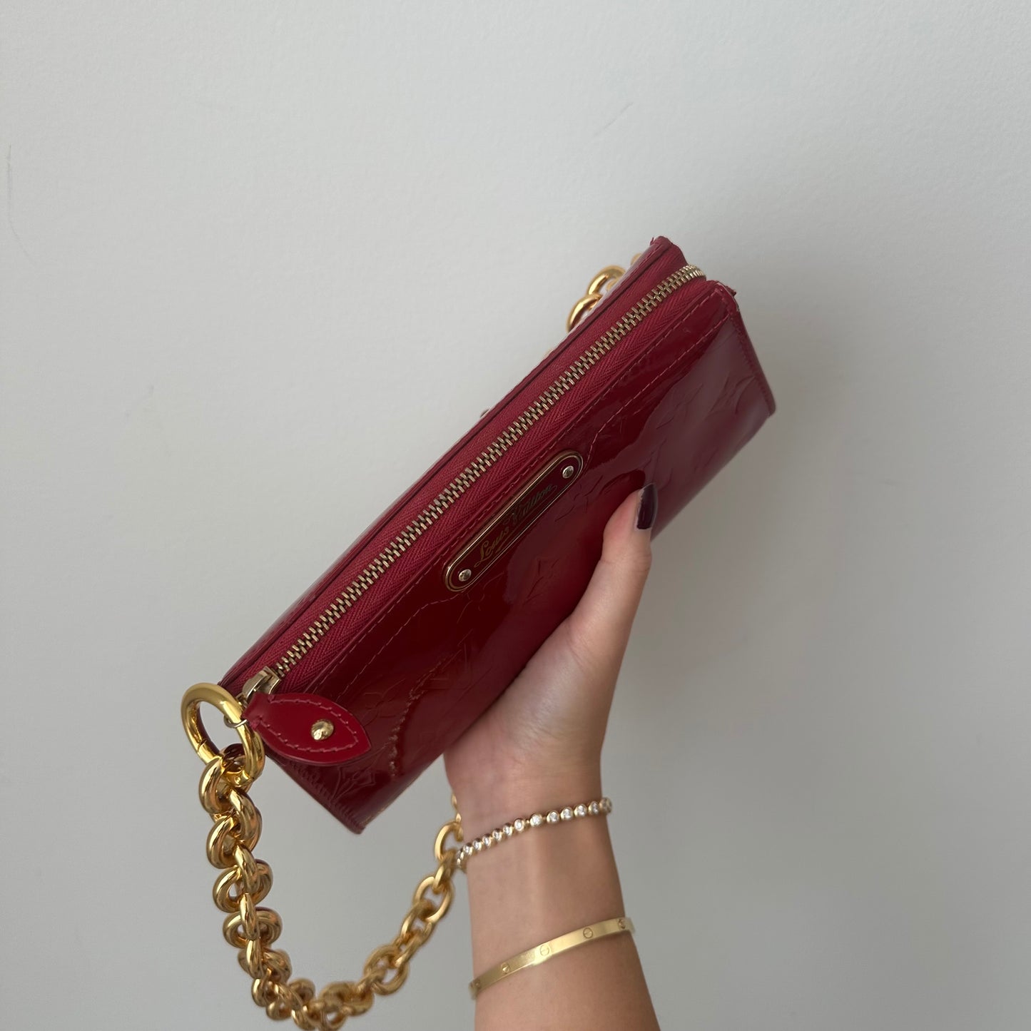 Louis Vuitton Red Vernis Gold Chain Pochette Shoulder Bag