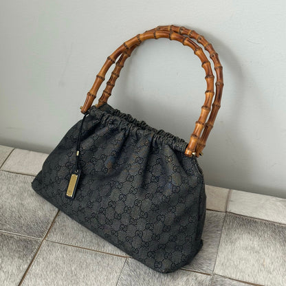 Gucci Black Monogram Bamboo Handle Shoulder Bag