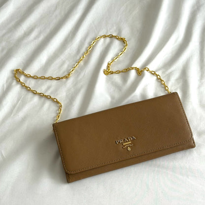 Prada Brown Gold Saffiano Leather Wallet On Chain w/ Papers