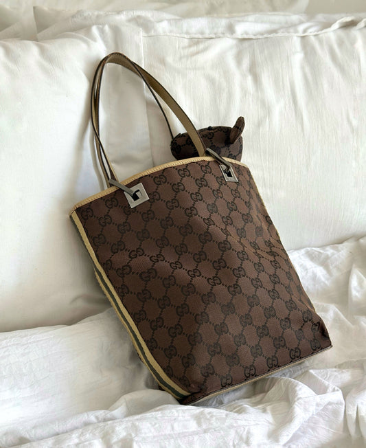 Gucci Small Brown Monogram Green Striped Bucket Bag