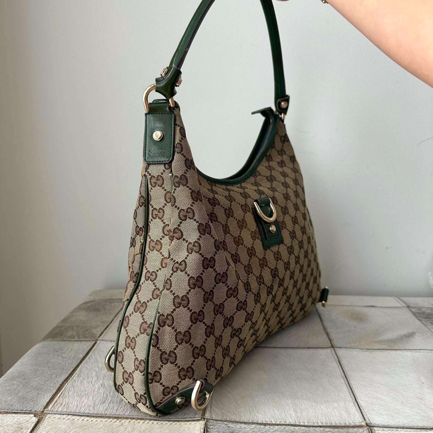 Gucci Green Patent Leather Brown Monogram Shoulder Bag