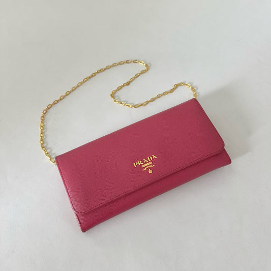 Prada Pink Saffiano Leather Wallet On Chain w/ Papers