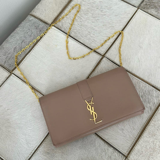 YSL Powder Pink Leather Logo Kate Wallet On Chain