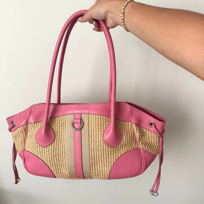 Prada Raffia Pink Paglia Vit Dain Summer Shoulder Bag w/ Papers