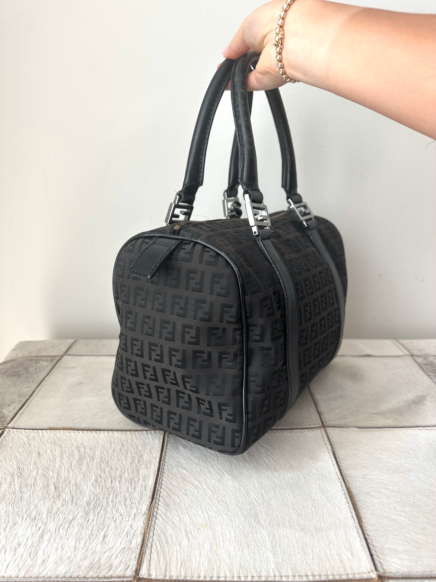 Fendi Black Monogram Zucchino Boston Bag w/ Lock & Key