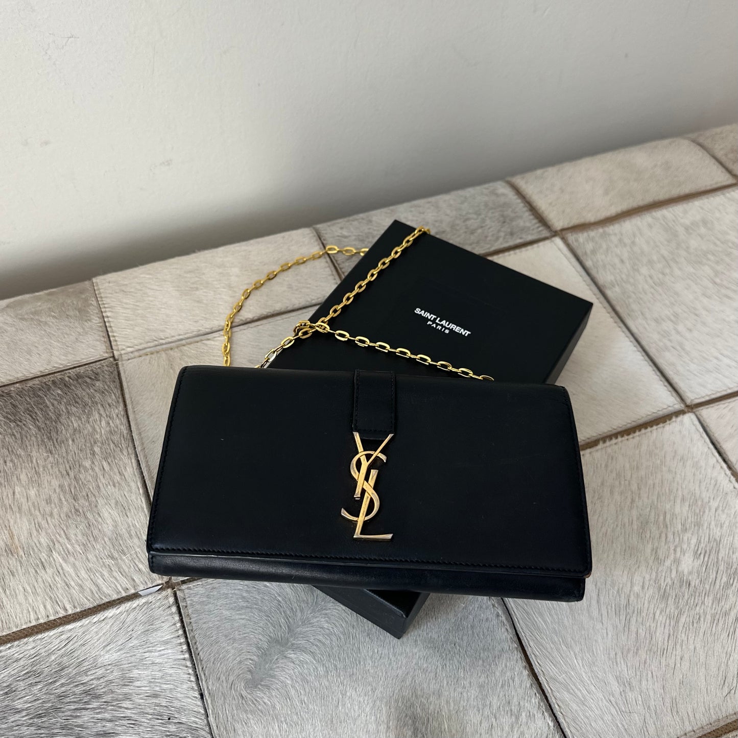 YSL Black Leather Kate Wallet On Chain w/ Box & Papers