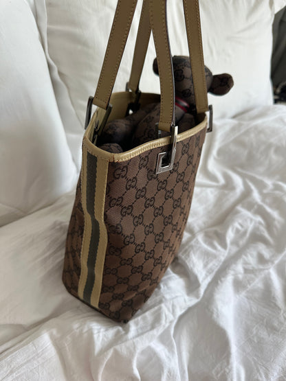 Gucci Small Brown Monogram Green Striped Bucket Bag