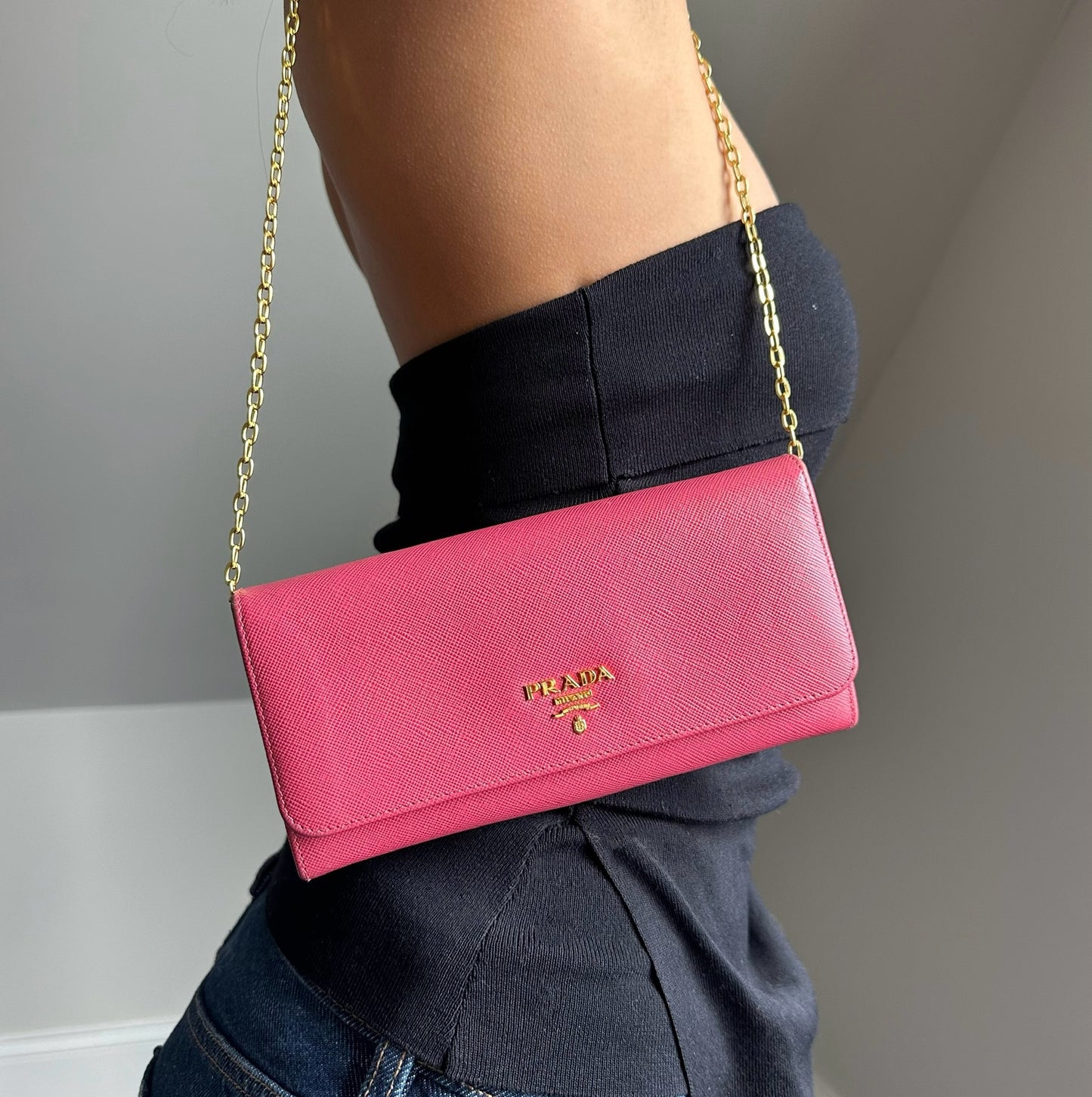 Prada Pink Saffiano Leather Wallet On Chain w/ Papers