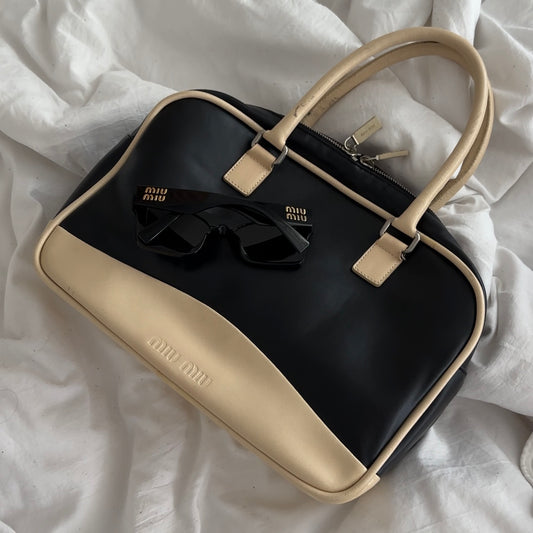 RARE Miu Miu Black & Cream Leather Top Handle Bag