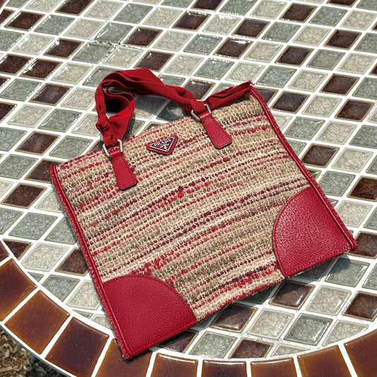 RARE Prada Tweed Red Leather Small Tote Bag
