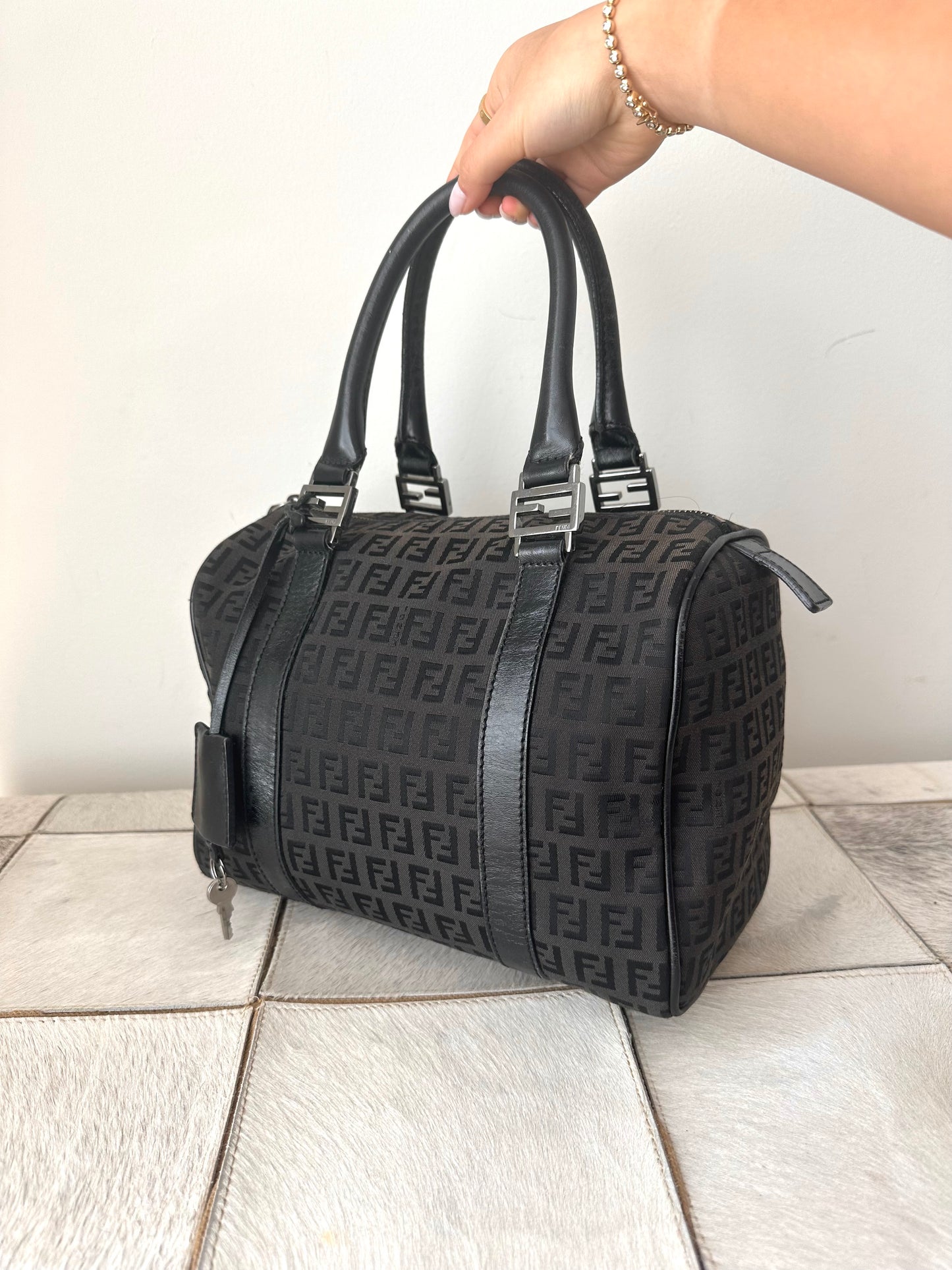 Fendi Black Monogram Zucchino Boston Bag w/ Lock & Key