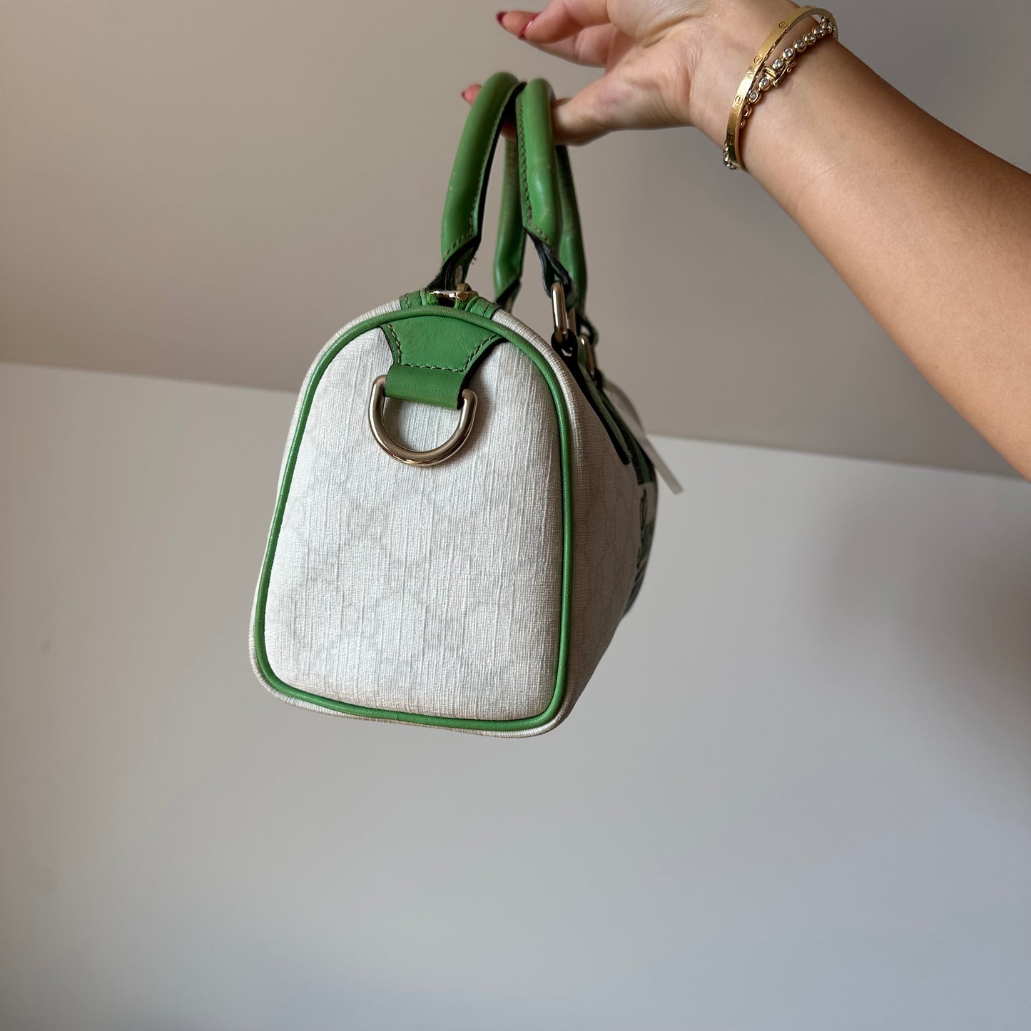 Gucci Small White & Green Joy Monogram Boston Bag