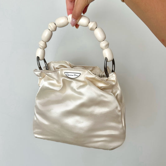 RARE Christian Dior White Malice Silk Ruched Beaded Top Handle Bag w/ Dustbag