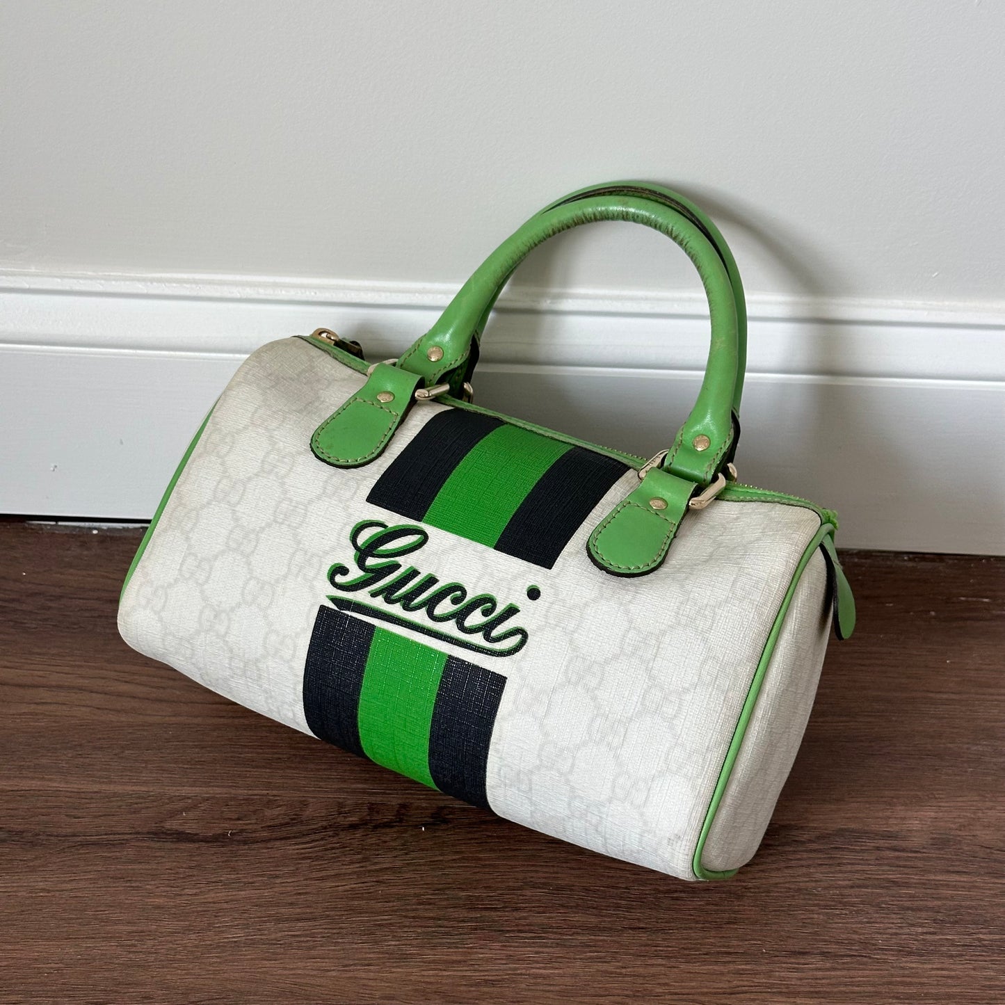 Gucci Small White & Green Joy Monogram Boston Bag