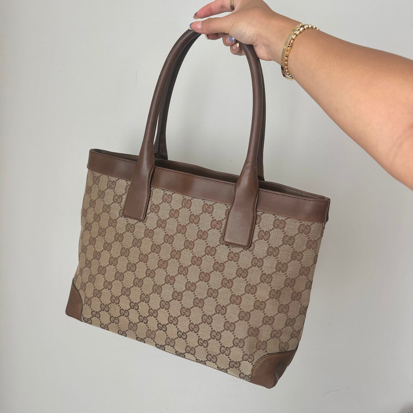 Gucci Brown Monogram Canvas Leather Tote Bag