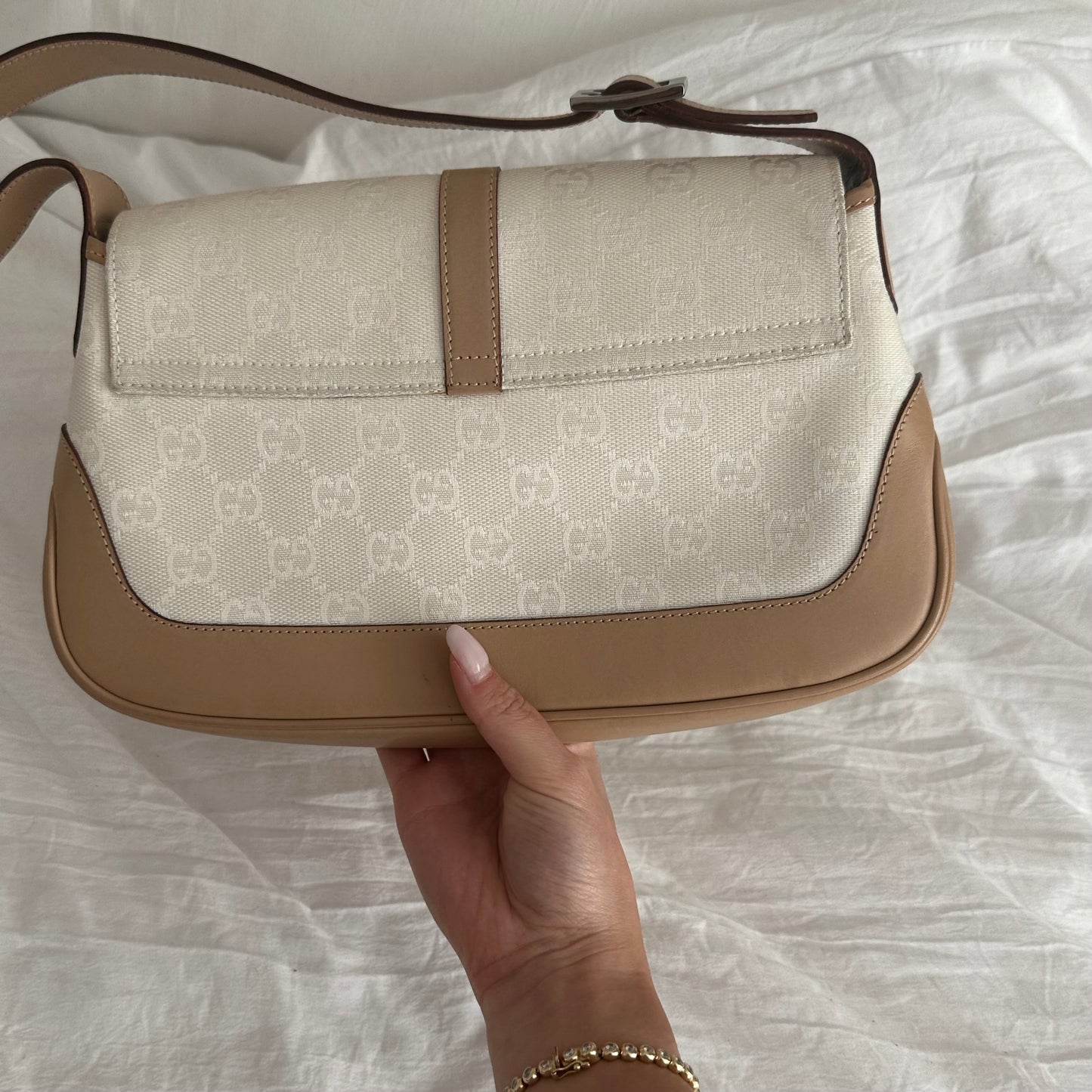 RARE Gucci White & Beige Jackie O Monogram Shoulder Bag w/ Dustbag