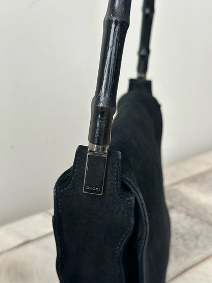 Gucci Black Suede Bamboo Handle Bag