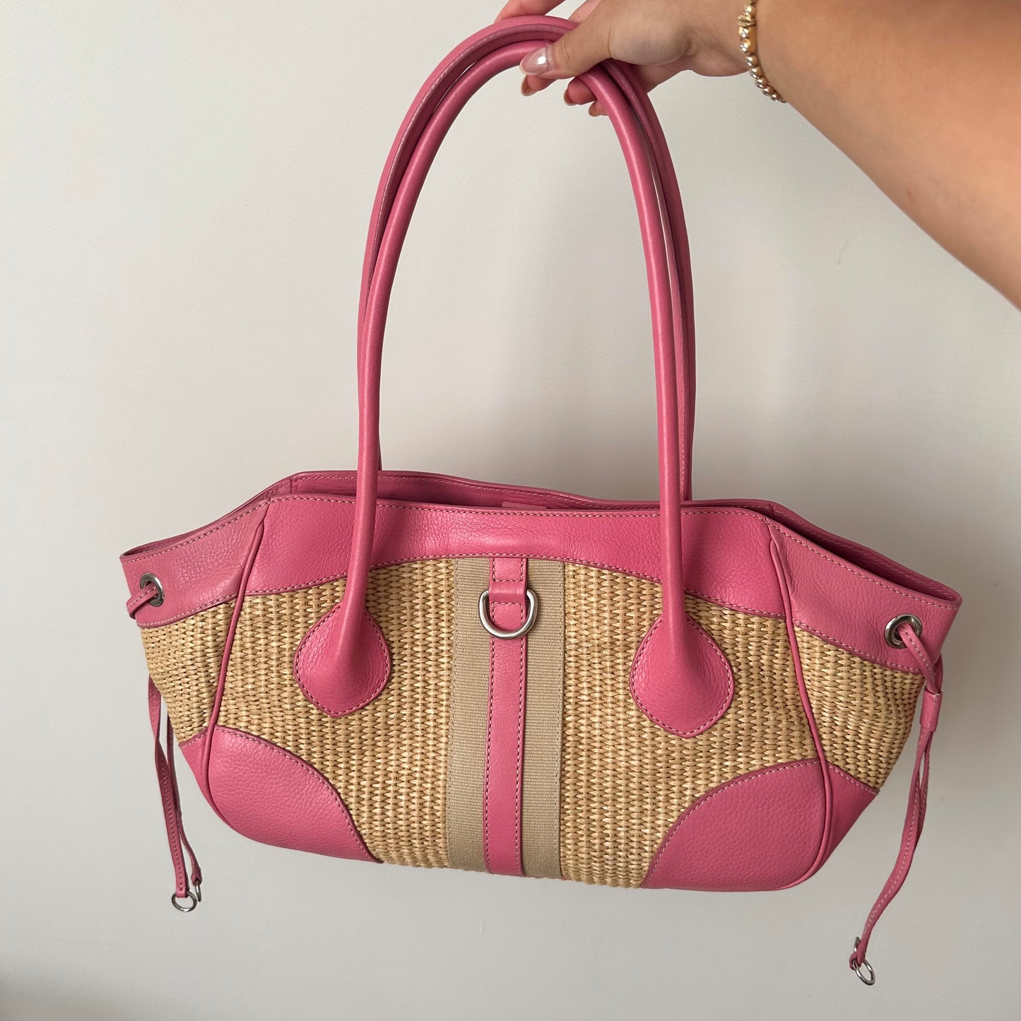 Prada Raffia Pink Paglia Vit Dain Summer Shoulder Bag w/ Papers